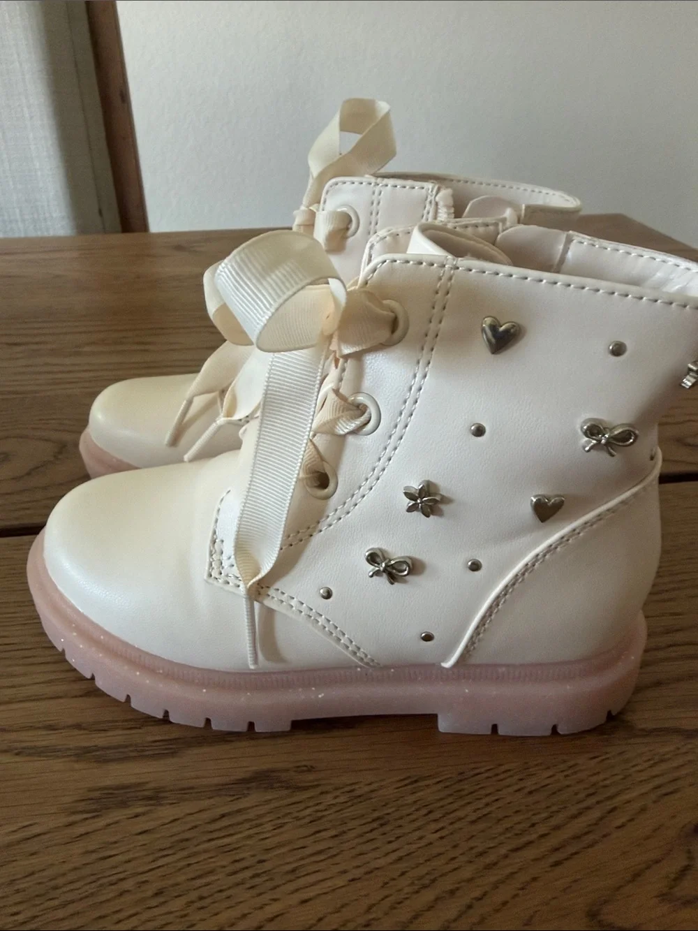 Cat & Jack Cream Lace-Up Kids Ankle Boots with Pink Sole